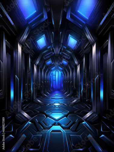 A vibrant sci-fi blue neon-lit futuristic corridor with a deep perspective. Tall vertical, abstract futuristic background.
