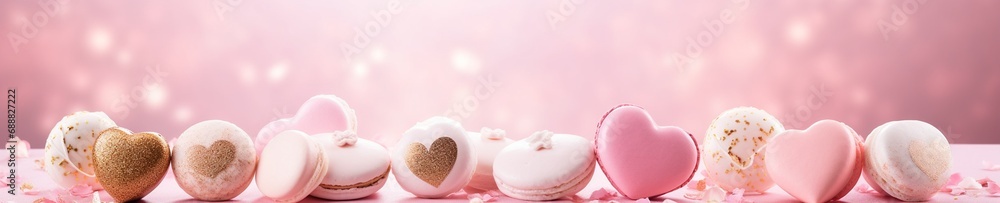 Valentine's Day pink heart sweets and macarons. Food proffession photography. Banner Valentine's Day pink heart sweets and macarons. Food proffession photography. Banner