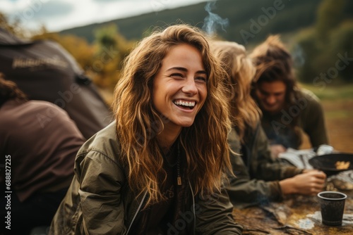 A woman radiates joy as she greets a group of friends on a crisp autumn day, her warm smile and stylish clothing capturing the essence of the season © Larisa AI