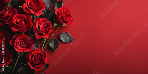 Bouquet of red roses on red background  valentines day  romantic