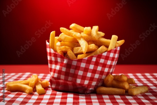 Crispy golden fries served in a red basket on a checkered tablecloth with copyspace for text.