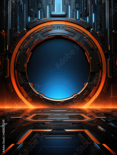  A glowing circular portal in a futuristic cityscape at night. Vertical abstract background wallpaper.