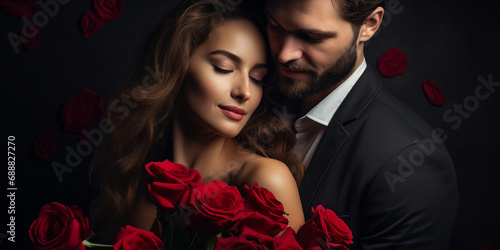 Happy couple on dark background, woman with red roses in hands