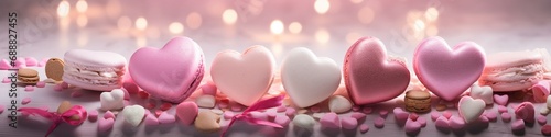 Valentine's Day pink heart sweets and macarons. Food proffession photography. Banner