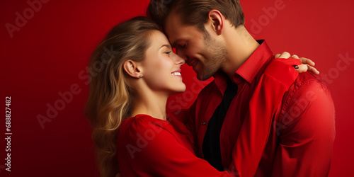 Happy couple on red background , valentines day