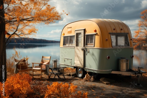 A cozy autumn retreat awaits by the tranquil waters, as a vintage travel trailer sits parked among the trees, its skyward view adorned with wispy clouds