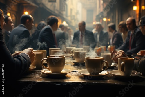 A group of friends enjoying a cozy morning around a table  sipping from delicate porcelain cups and saucers  their kitchenware neatly arranged as they chat and laugh over steaming cups of coffee