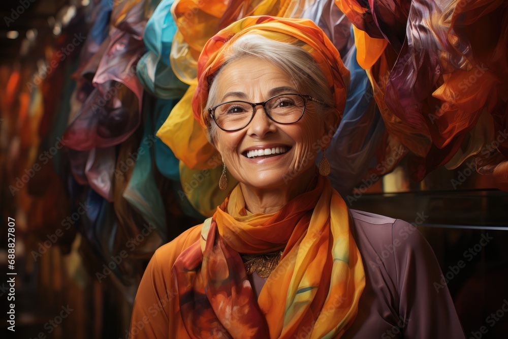 Obraz premium Captivatingly clad in a vibrant scarf, a beaming woman stands before an array of colorful fabric, her glasses reflecting the intricate patterns of the temple behind her