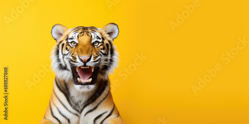 Cute tiger with happy positive smiling expression. Wide banner copy space on side. Clean background in only one colour