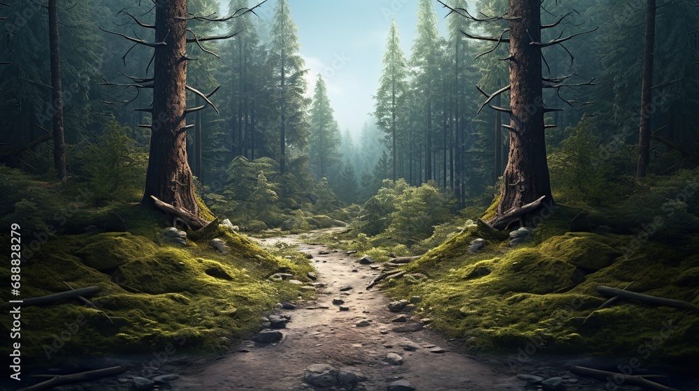 Crossroads, two different directions, concept of choose the correct way. forest landscape - obrazy, fototapety, plakaty 