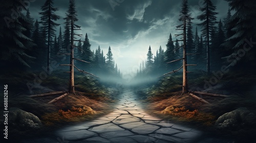 Crossroads  two different directions  concept of choose the correct way. forest landscape