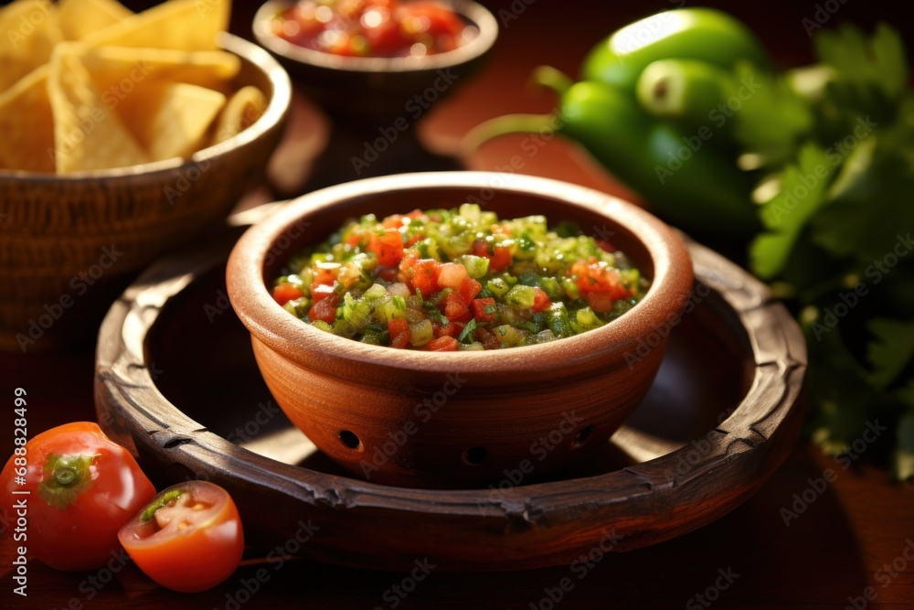 Salsa in bowl, served with tortilla chips and vegetables on wooden table. Traditional Mexican dish. On dark background. Ideal for food, restaurant advertisements, culinary blogs, recipe websites Salsa in bowl, served with tortilla chips and vegetables on wooden table. Traditional Mexican dish. On dark background. Ideal for food, restaurant advertisements, culinary blogs, recipe websites