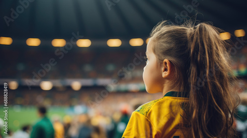 A young girl in yellow and green attire watches the Australian team at the Women's World Cup from the stadium, with a blurred background. photo