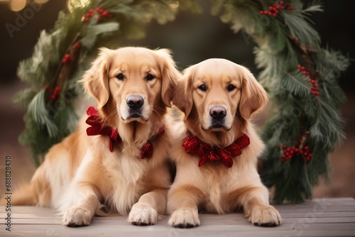 Cute pet couple with Christmas wreaths. Funny pair of golden retriever dog with Christmas wreaths sitting together outdoors