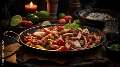 Fajita with beef and colorful bell peppers, served in skillet with tortillas. On dark background. Traditional Mexican dish. Grilled meat with vegetables. For food blog, restaurant, menu, cookbook.