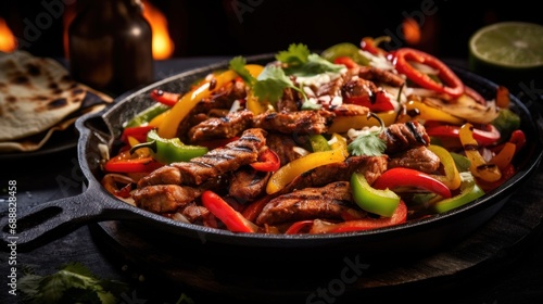 Fajitas with beef and colorful bell peppers, served in skillet with tortillas. On dark background. Traditional Mexican dish. Grilled meat with vegetables. For food blog, restaurant, menu, cookbook.