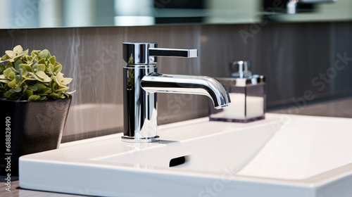 A stylish sink with a chrome faucet in a neat bathroom, inviting immediate use.hygiene concept