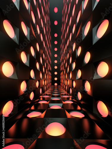 An abstract tunnel filled with individual lights. Dark black futuristic corridor with a deep perspective. Tall vertical abstract futuristic background.