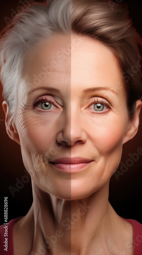 Portrait woman, young and old version, beauty concept skin aging. anti-aging procedures, rejuvenation, lifting, tightening of facial skin, restoration of youthful skin anti-wrinkle.