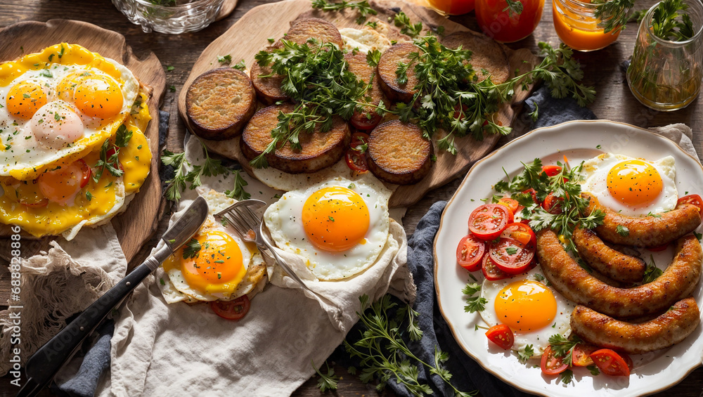 Appetizing breakfast with fried eggs, sausages, tomatoes in the kitchen delicious Appetizing breakfast with fried eggs, sausages, tomatoes in the kitchen delicious