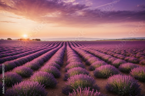 Beautiful lavender field sunset landscape