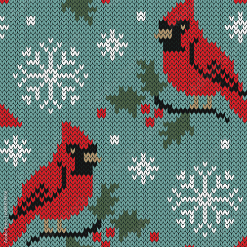 Cardinal red bird and snowflakes jacquard knitted seamless pattern. Christmas winter background. Vector illustration.