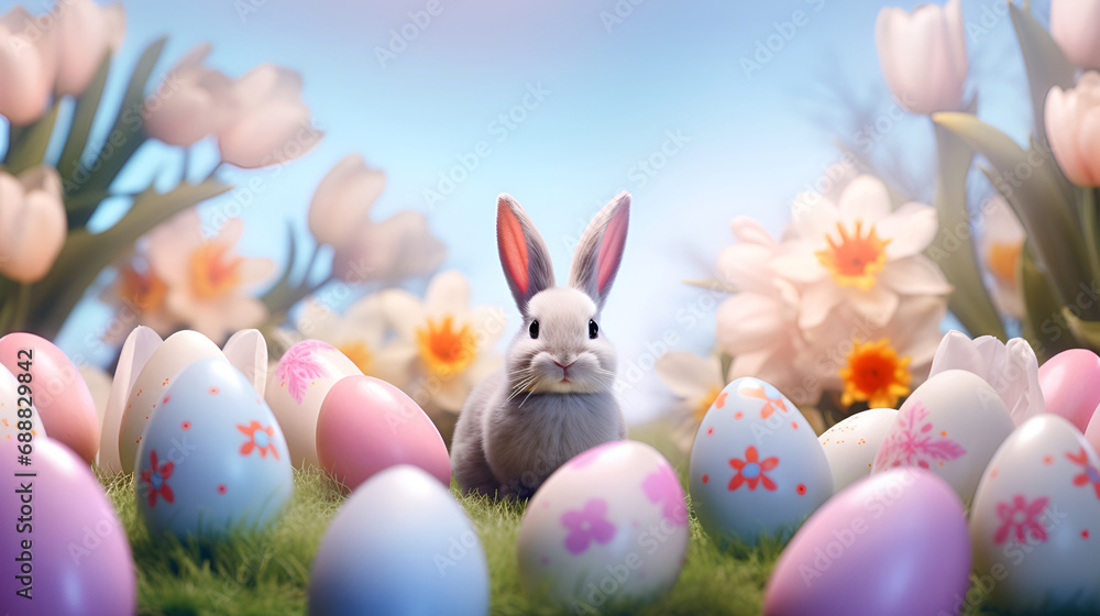 Easter banner or cover for a website in soft nude tones depicting Easter eggs and flowers and bunnies with space for text Easter banner or cover for a website in soft nude tones depicting Easter eggs and flowers and bunnies with space for text