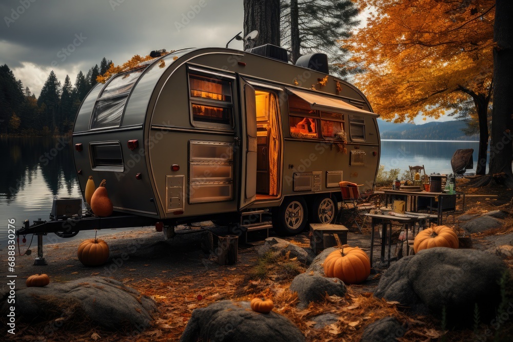As the autumn leaves fall and the sky turns a deep shade of blue, a camper trailer sits parked on the edge of a tranquil lake, surrounded by trees and pumpkins, its presence blending seamlessly with 