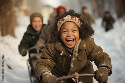 A joyful group of children, bundled up in warm jackets and smiling faces, gliding down a snowy hill on a sled as a woman watches on in the winter wonderland photo