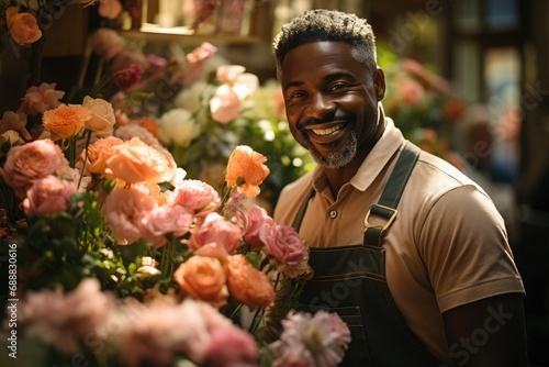 A stylish man stands outside a floral shop, holding a beautiful bouquet of cut flowers with a charming smile on his face, showcasing his love for floral design and the vibrant rose in his clothing