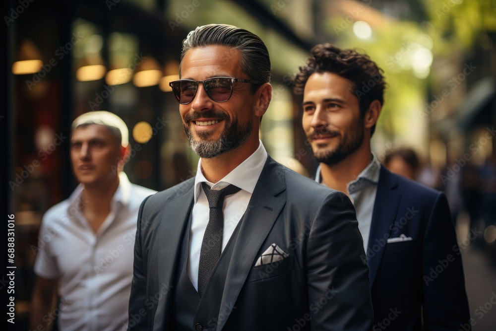 A group of well-dressed businessmen, with charming smiles and impeccable clothing, stand confidently on the bustling city street, exuding professionalism and success A group of well-dressed businessmen, with charming smiles and impeccable clothing, stand confidently on the bustling city street, exuding professionalism and success