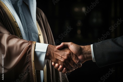 A stylishly dressed man extends his hand in a firm handshake, showcasing his fashion accessory on his wrist and exuding confidence and professionalism