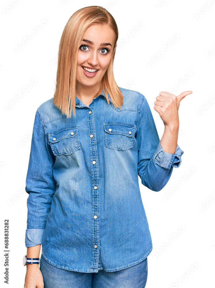 Beautiful caucasian woman wearing casual denim jacket smiling with happy face looking and pointing to the side with thumb up. Beautiful caucasian woman wearing casual denim jacket smiling with happy face looking and pointing to the side with thumb up.