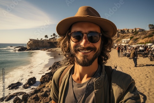 A stylish man enjoys a sunny beach day, donning a sun hat and sunglasses as he relaxes by the ocean