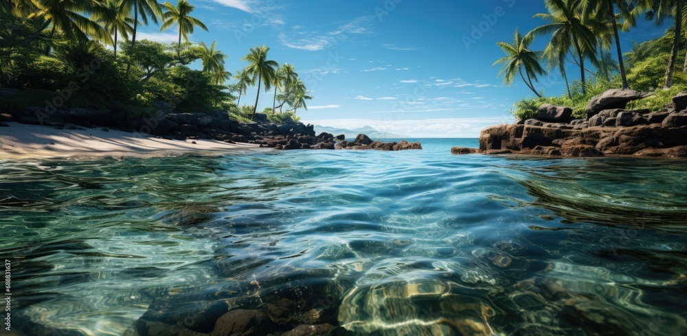 A serene tropical oasis, where lush palm trees sway in the gentle ocean breeze as the crystal blue water gently laps against the rocky shore