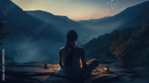 Serene mountain repose: girl finding tranquility in nature's embrace, panoramic relaxation amid breathtaking landscapes.