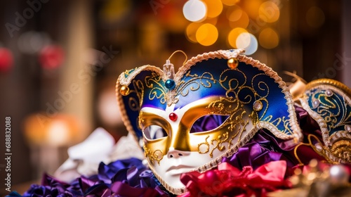 Golden carnival mask on the blurred background. Invitation card with place for text. © Natalya