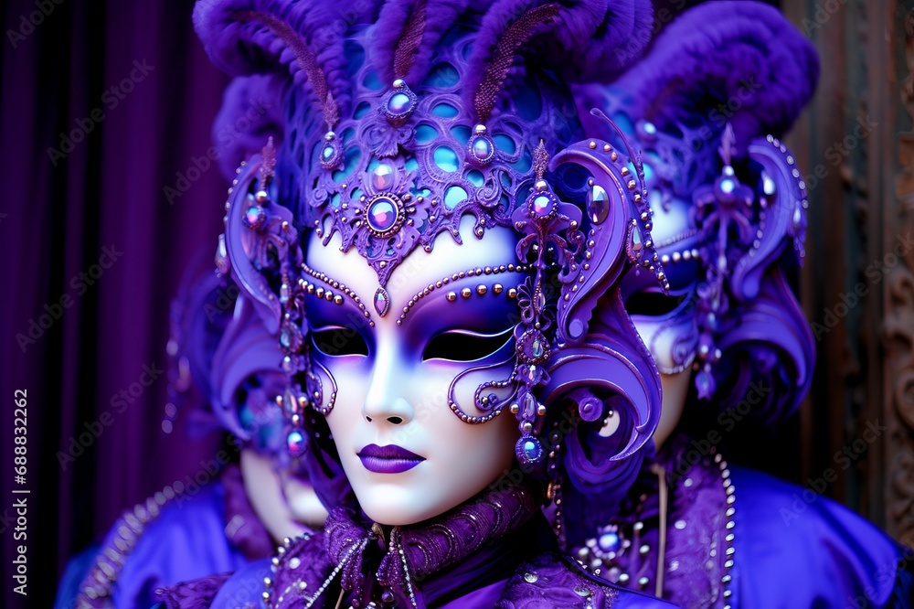 a purple carnival costum, a mask and headdress on the blurred background of Venice.