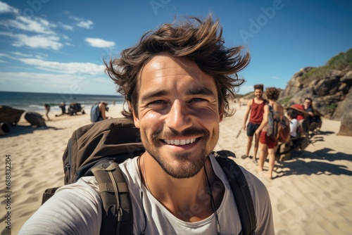 A carefree man captures his blissful beach vacation with a bright smile, capturing the vast sky and soft sand in the background