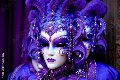 a purple carnival costum, a mask and headdress on the blurred background of Venice.