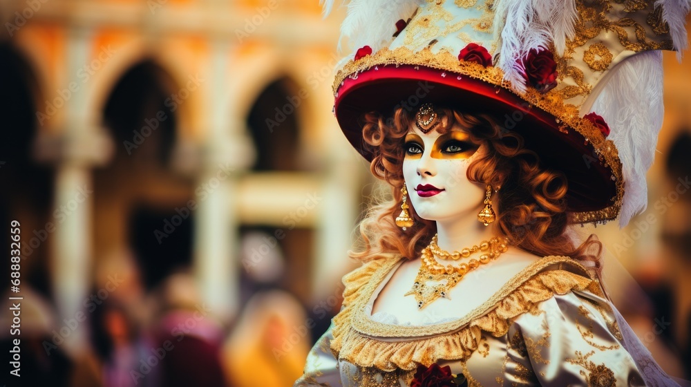 A woman in a goud carnival dress wearing a mask and hat with flouwers, Venice.