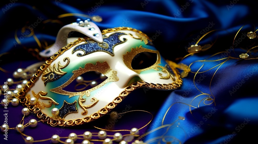 Golden carnival mask on blue satin. Invitation card with place for text.