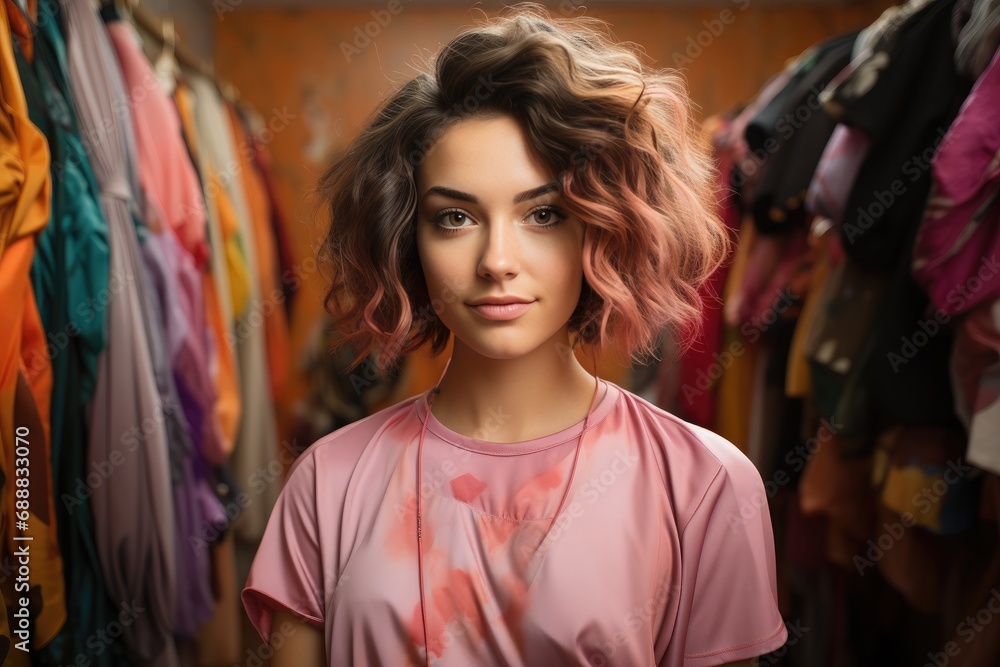 A stylish woman peruses the racks in a chic clothing store, her pink shirt perfectly complementing her flawless hair as she stands confidently in front of the colorful wall of fashion designs