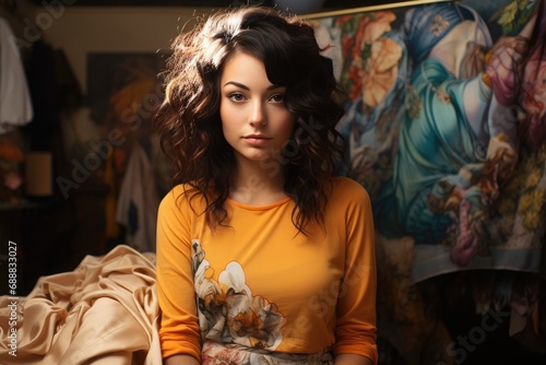 An elegant woman gazes out from a vibrant orange shirt, her flowing hair and striking portrait adding to the artistic flair of the indoor setting