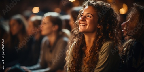 A vibrant woman with a contagious smile stands out among a dark and crowded room, her long curly hair framing her face and exuding a confident aura