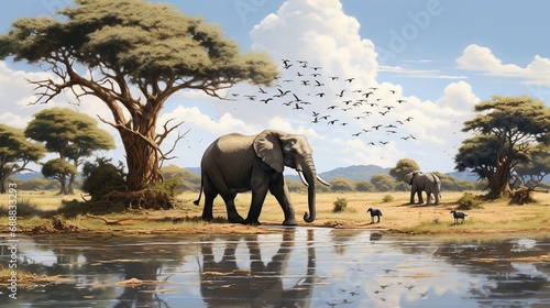 Elephant and a flock of birds at a watering hole, savannah. African animal scene