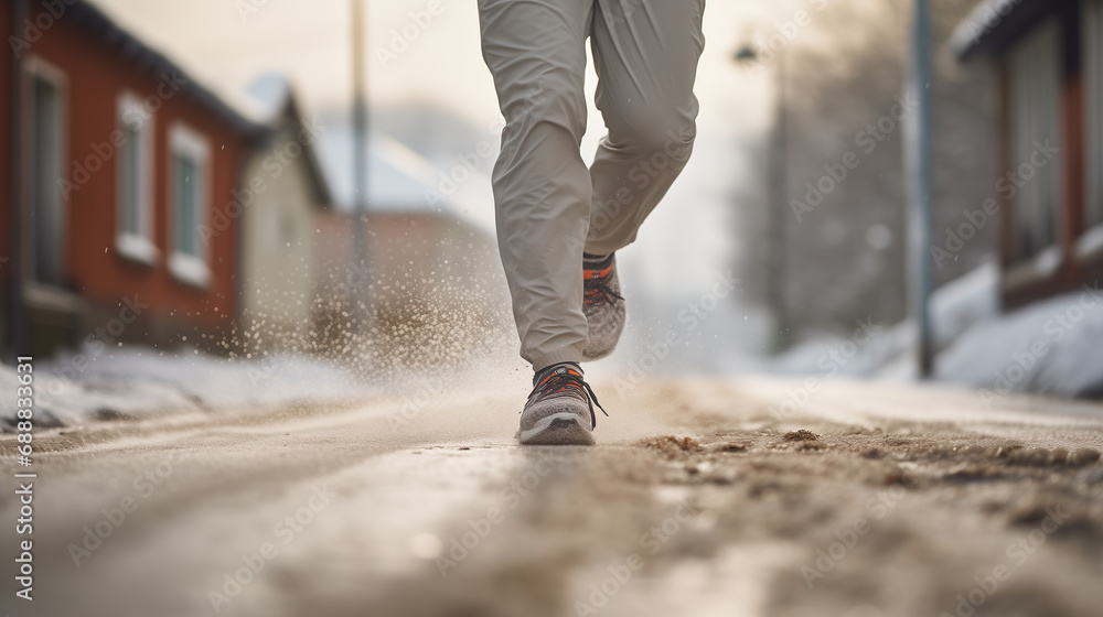 Man jogging along the slippery city street on a winter day. Male legs in gray pants, wearing sneakers. Slushy dirty road. Healthy person exercising outdoors, in a northern town. Active lifestyle. Man jogging along the slippery city street on a winter day. Male legs in gray pants, wearing sneakers. Slushy dirty road. Healthy person exercising outdoors, in a northern town. Active lifestyle.