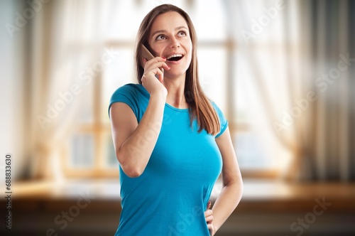 Happy woman hold mobile phone
