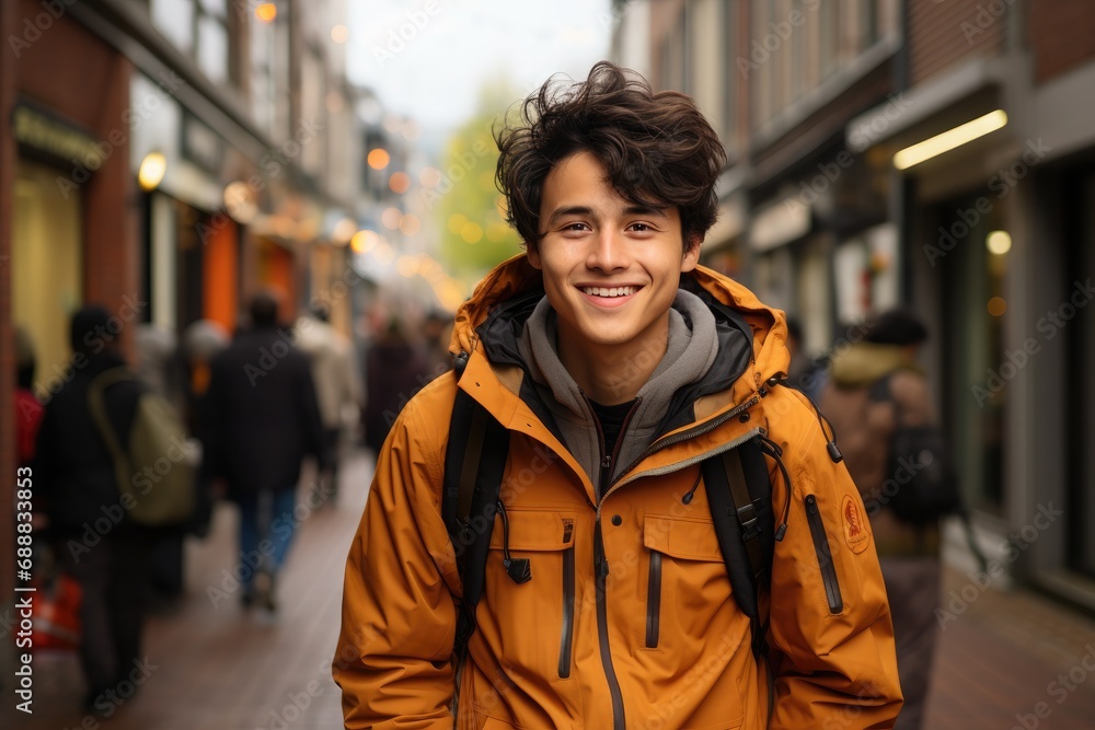 Fototapeta premium A fashionable man stands on the busy city street, his bright orange jacket catching the eye of passersby as he smiles confidently in the cool outdoor air