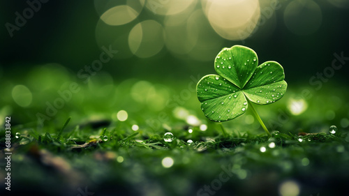 St Patricks day, green four 4 clover shamrock, heavenly protector of Ireland, fun parades and people in leprechaun costumes and funny hats. banner copy space greeting card background poster.. photo